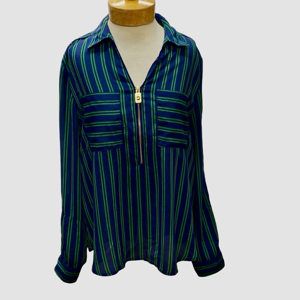 Michael Kors Womens XLarge Blue Green Striped 1/2 Gold Zip Long Roll Tab Sleeves